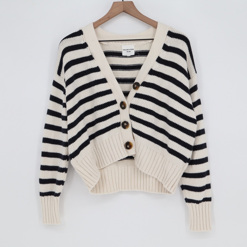 Willow & Wind Cardigan Womens S Shaker Knit Cream Navy Striped Cropped Good